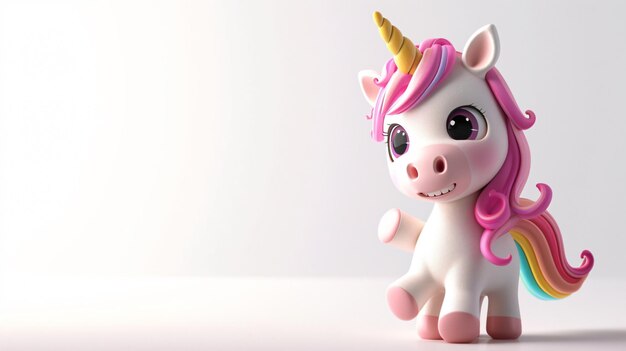 Rendering 3D di un carino unicorno L'unicorno è bianco con una criniera e una coda rosa e un corno dorato