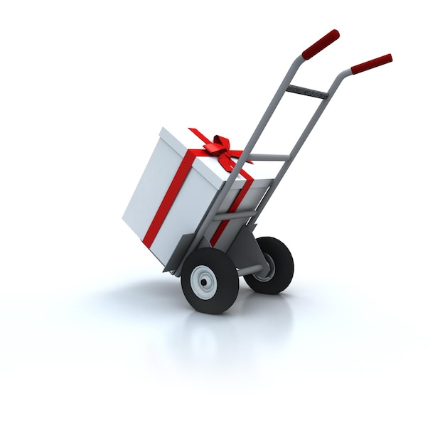 Rendering 3D di un carrello a mano che trasporta un grande regalo bianco con un nastro rosso