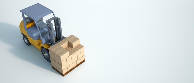 Rendering 3D di un carrello elevatore con scatole