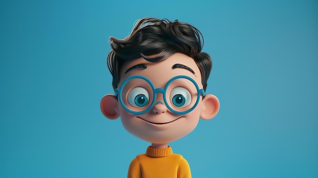 Rendering 3D di un cartoon carino con gli occhiali Il ragazzo ha i capelli castani e gli occhi blu Indossa un maglione giallo