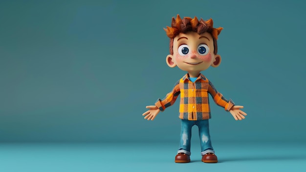 Rendering 3D di un cartoon carino con i capelli rossi e gli occhi blu indossa una camicia a quadri e jeans