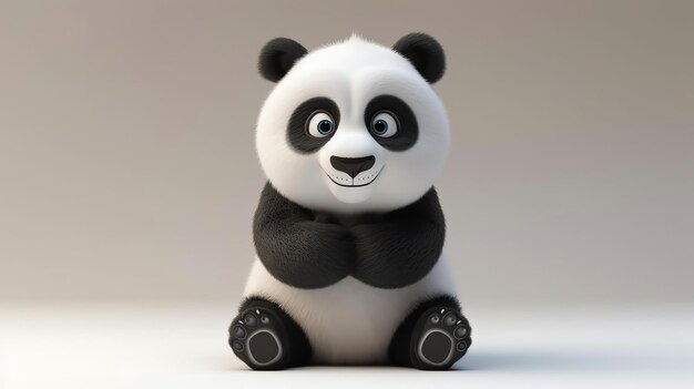 Rendering 3D di un cartoon panda carino seduto su uno sfondo bianco