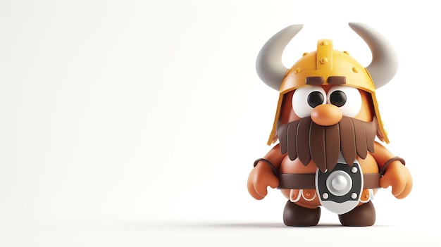 Rendering 3D di un cartoon Viking carino indossa un casco con corna e un giubbotto marrone con una piastra di metallo