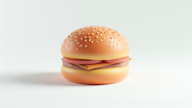 Rendering 3D di un cheeseburger con semi di sesamo su uno sfondo bianco