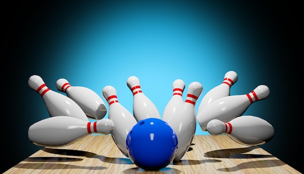 Rendering 3D di un colpo di bowling con skittles e una palla