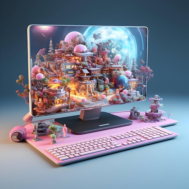 Rendering 3D di un computer con un sacco di personaggi fantastici