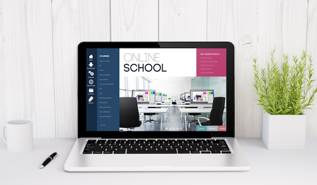Rendering 3D di un computer portatile con scuola in linea sul tavolo