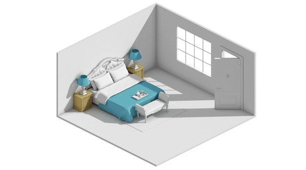 Rendering 3D di un concetto di camera da letto minimalista senza un tavolo da camera