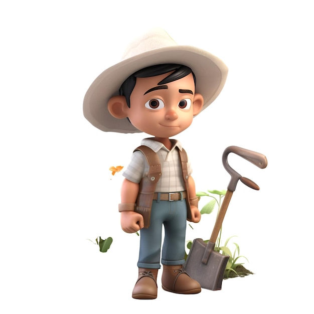 Rendering 3D di un contadino cartone animato con una pala e una borsa
