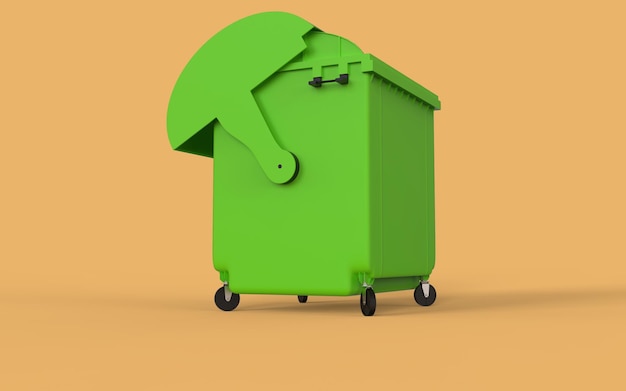 Rendering 3d di un contenitore per rifiuti verde su sfondo giallo con viste diverse