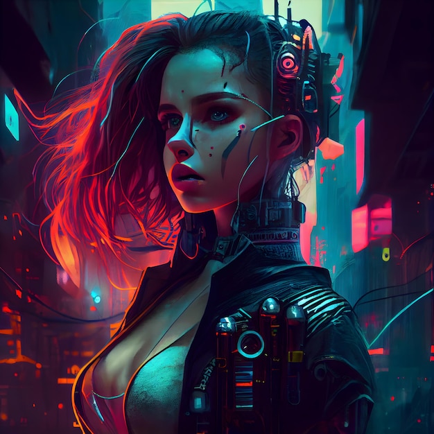 Rendering 3D di un cyborg femminile in un ambiente futuristico