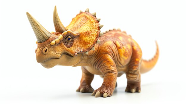 Rendering 3D di un dinosauro triceratops dei cartoni animati Il triceratop sta in piedi su uno sfondo bianco e guarda la telecamera