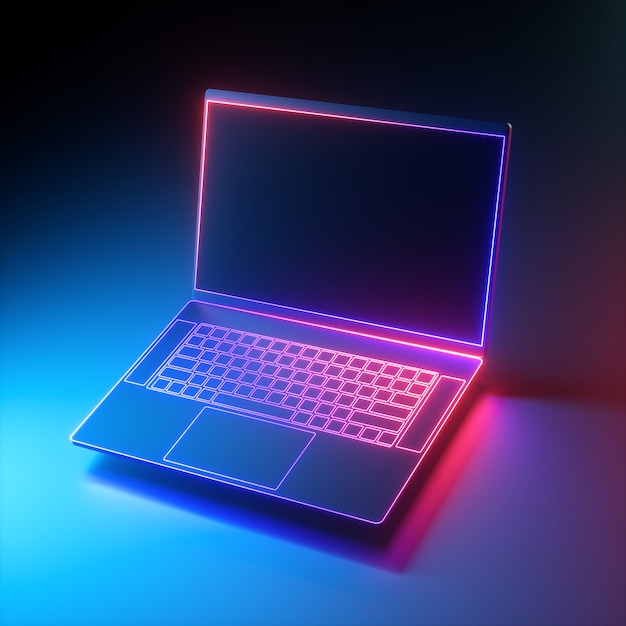 Rendering 3D di un dispositivo elettronico per notebook portatile illuminato con luce al neon