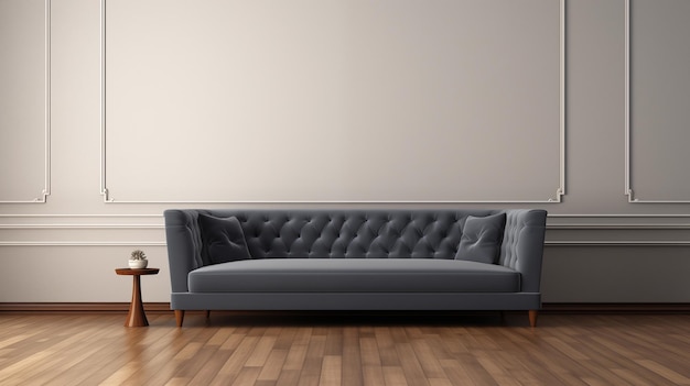 Rendering 3D di un divano grigio in piedi sul pavimento di legno