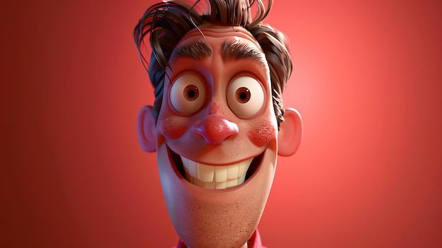 Rendering 3D di un divertente personaggio dei cartoni animati con un grande sorriso sul viso Ha i capelli castani e gli occhi blu e indossa una camicia rossa