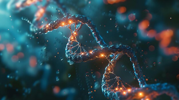 Rendering 3D di un DNA incandescente Concetto di struttura dei genomi molecolari della biochimica