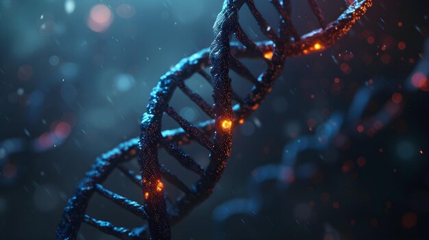 Rendering 3D di un DNA incandescente Concetto di struttura dei genomi molecolari della biochimica