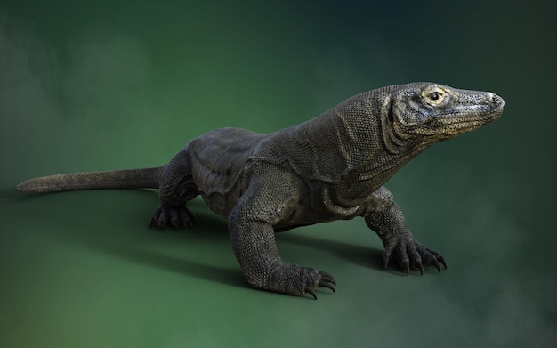 Rendering 3D di un drago di Komodo isolato su sfondo verde con tracciato di ritaglio