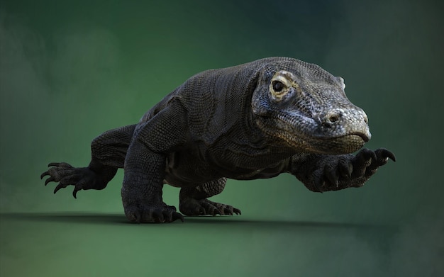 Rendering 3D di un drago di Komodo isolato su sfondo verde con tracciato di ritaglio