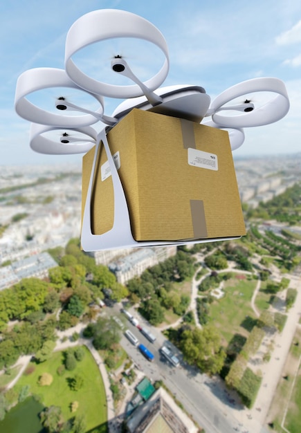 Rendering 3D di un drone commerciale che trasporta una scatola che vola sopra un centro città