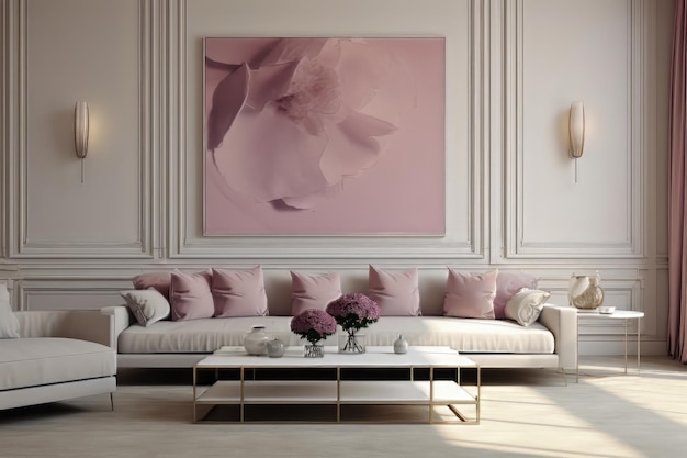 Rendering 3D di un elegante soggiorno con divano bianco e pittura rosa