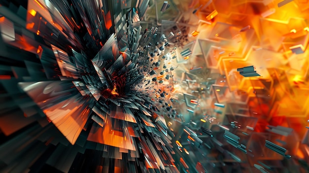 Rendering 3D di un'esplosione futuristica L'esplosone è composta da pezzi angolari affilati che volano in tutte le direzioni