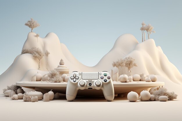 Rendering 3D di un gamepad bianco sullo sfondo di un paesaggio desertico