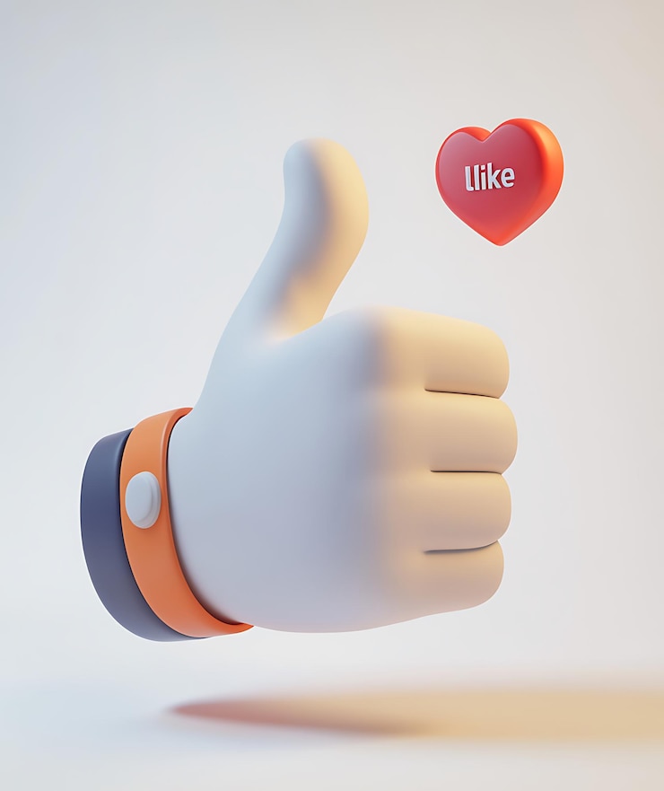 Foto rendering 3d di un gesto del pollice in alto con un cuore rosso