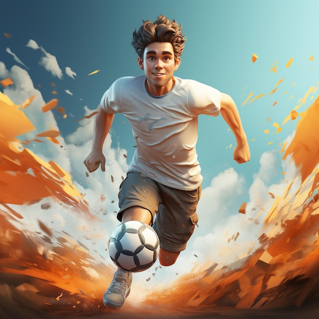 Rendering 3D di un giocatore di calcio in azione