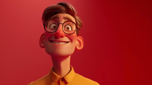 Rendering 3D di un giovane con gli occhiali e una camicia gialla Sta sorridendo e guardando a destra Lo sfondo è rosso