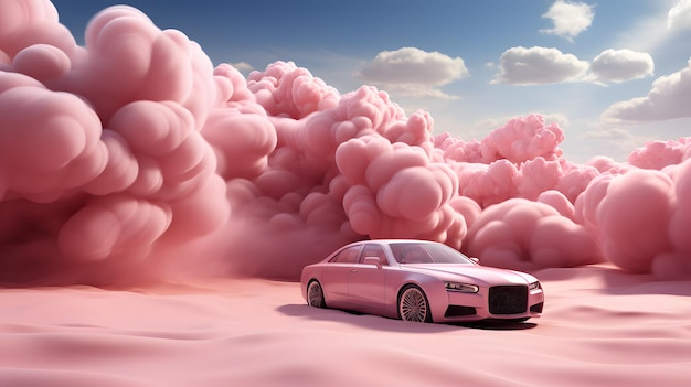 Rendering 3d di un giro in macchina rosa sopra la nuvola rosa nello stile del mondo moderno e futuristico