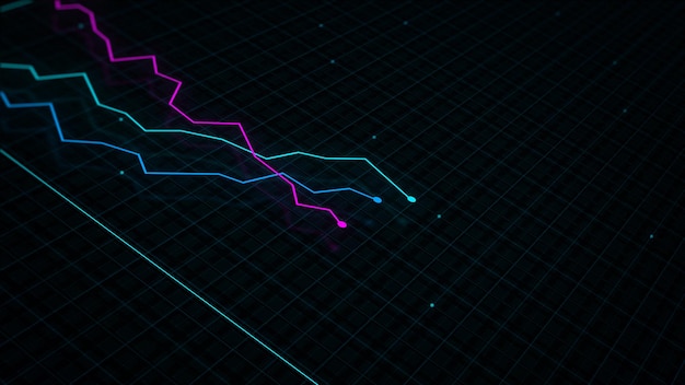 Rendering 3D di un grafico a linee di reddito digitale in stile tecnologico su uno sfondo di griglia ad alta tecnologia