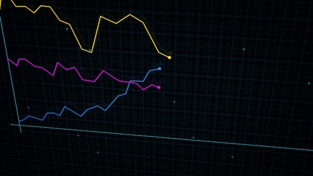 Rendering 3D di un grafico a linee di reddito digitale in stile tecnologico su uno sfondo di griglia ad alta tecnologia