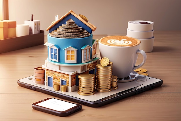 Rendering 3D di un grafico a torta, una pila di monete, tazze di caffè e un'icona di una casa sullo schermo di uno smartphone