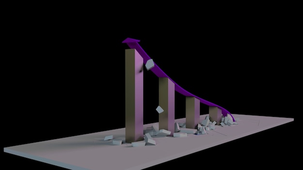 Rendering 3D di un grafico di crescita aziendale con una freccia verso l'alto e abbattimento delle barriere