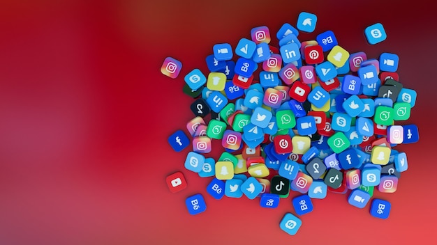 Rendering 3D di un gruppo di badge quadrati con il logo delle principali app di social network su sfondo rosso scuro