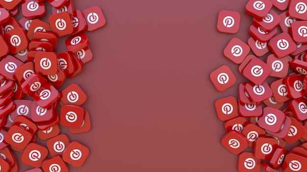 Rendering 3D di un gruppo di badge quadrati con il logo di Pinterest su sfondo rosso