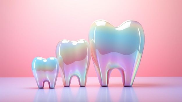 Rendering 3D di un gruppo di denti con facce sorridenti su sfondo rosa Generare AI