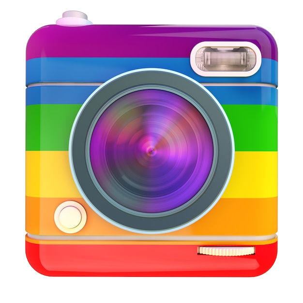Rendering 3D di un'icona della fotocamera foto con motivo a colori arcobaleno