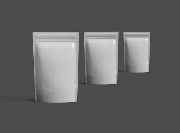 Rendering 3D di un imballaggio di doypack sigillato lucido con una cerniera su uno sfondo scuro