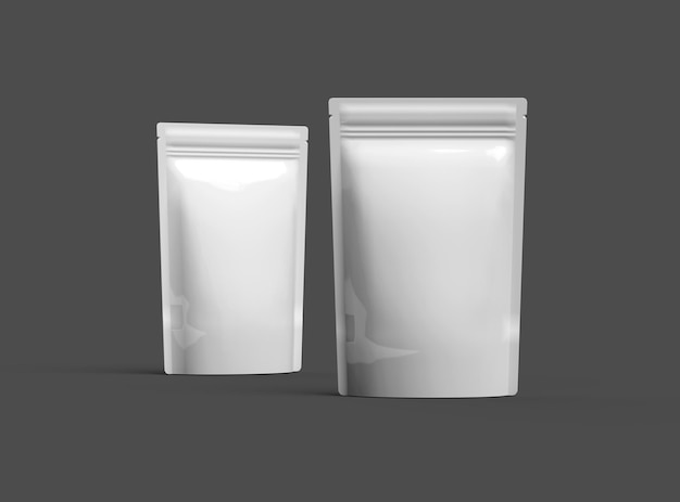 Rendering 3D di un imballaggio di doypack sigillato lucido con una cerniera su uno sfondo scuro