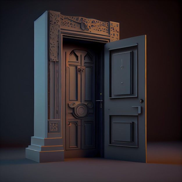 Rendering 3D di un ingresso in una stanza buia con una porta di legno