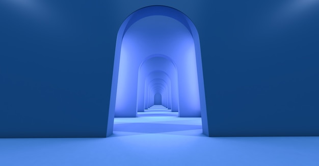 Rendering 3D di un lungo tunnel con archi