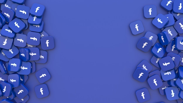 Rendering 3D di un mazzo di badge quadrati di Facebook sull'azzurro