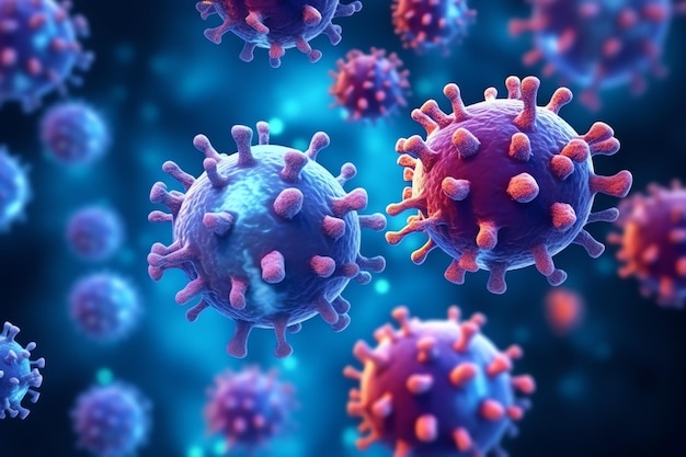 Rendering 3D di un medico con batteri di cellule virali Più particelle di coronavirus realistiche galleggianti