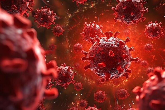 Rendering 3D di un medico con cellule virali batteri molteplici particelle realistiche di coronavirus galleggianti