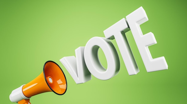 Rendering 3D di un megafono e la parola VOTE su uno sfondo verde vibrante Rendering 4D
