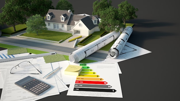 Rendering 3D di un modello architettonico e paesaggistico di una casa con progetti, grafici di efficienza energetica e altri documenti