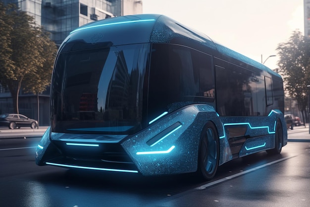 Rendering 3D di un moderno autobus elettrico in città di notte generativa ai