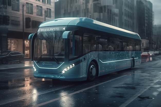 Rendering 3D di un moderno autobus elettrico in città di notte generativa ai